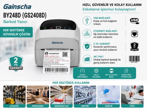 En ucuz GAİNSCHA BY248D (GS2408D) WHİTE USB/LAN BARKOD YAZICI